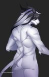  anthro artist_name athletic athletic_anthro athletic_male biped bovid butt caprine dante_(wolfbane154) digital_media_(artwork) eyes_obscured fur goat grey_background grey_hair hair hair_over_eyes hi_res horn male mammal multicolored_hair nude portrait rear_view shaded simple_background solo standing tail three-quarter_portrait toothpick two_tone_hair white_body white_fur wolfbane154 
