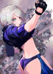  1girl angel_(kof) ass back backless_pants black_gloves blue_eyes chaps clenched_hand cropped_legs fighting_stance fingerless_gloves gloves grey_hair highres legs midriff pants parted_lips short_hair smile snk solo the_king_of_fighters thighs yuu_(primenumber7) 