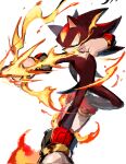  1boy angry animal_ears black_hair bow fire full_body furry furry_male gloves highres looking_to_the_side male_focus multicolored_hair red_eyes red_hair shadow_the_hedgehog shoes solo solo_focus sonic_(series) tail usa37107692 weapon white_background white_gloves 