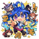  4girls @_@ ahoge alternate_eye_color animal_ears anniversary blue_eyes blue_hair blue_headwear blush bow bowtie brown_eyes brown_hair cabbie_hat chibi ear_piercing ears_through_headwear grey_eyes hat heterochromia horse_ears horse_girl horse_tail ikuno_dictus_(umamusume) leg_up long_hair looking_at_viewer looking_to_the_side lying matikane_tannhauser_(umamusume) medium_hair messy_hair multicolored_hair multiple_girls nice_nature_(umamusume) on_stomach open_mouth orange_hair piercing purple_eyes round_eyewear sharp_teeth sidelocks solo_focus streaked_hair stuffed_animal stuffed_rabbit stuffed_toy tail teeth twin_turbo_(umamusume) twintails umamusume v white_hair yellow_eyes zest_(lossol) 