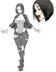  1girl absurdres black_hair boots breasts choker cleavage commentary_request denim eyelashes fang happy highres large_breasts looking_at_viewer original red_eyes shindol short_hair simple_background sketch smile solo standing torn_clothes vampire white_background 
