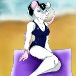  2016 accessory anthro bedding blanket breasts cleavage clothed clothing ear_piercing ear_ring female fur hair hair_accessory hairband hi_res looking_at_viewer mammal marcushunter murid murine open_mouth piercing pink_nose raised_tail rat rat_tail ring_piercing rodent roxeanne_leblanc sitting sitting_on_blanket smile smiling_at_viewer solo swimwear tail teeth tongue whiskers white_body white_fur 