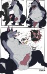  anthro balls belly big_belly blush bodily_fluids bodily_noises canid canine canis cum dialogue digestion digestion_noises duo erection fur genital_fluids genitals hair hi_res hybrid itskorrie male male/male mammal nipples nude penis rumbling_stomach sex shrapnell text videlthewusky vore wolf wolfdog 