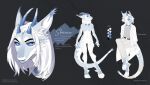  anthro artist_name bandage bandaged_tail barefoot black_eyebrows blue_body blue_eyes blue_fur blue_horn blue_sclera bottomwear character_name clothed clothing coat color_swatch dragon eyebrows eyelashes featureless_crotch feet female front_view fur furred_dragon grey_clothing grey_topwear hair horn light_body light_fur model_sheet mouth_closed narrowed_eyes nude pants sheruru_(character) simple_background solo topwear unknowhiter white_bottomwear white_clothing white_coat white_hair white_pants white_topwear 