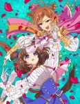  2girls ahoge animal_ears blue_ribbon breasts brown_hair buttons cape corset crown double-breasted gloves hair_ribbon hairband highres horse_ears horse_girl horse_tail inaho_soji large_breasts long_sleeves making-of_available meisho_doto_(umamusume) mini_crown multicolored_hair multiple_girls orange_hair pink_cape pink_hairband purple_eyes ribbon shirt short_hair t.m._opera_o_(umamusume) tail two-tone_hair umamusume white_gloves white_hair white_shirt 