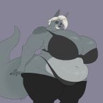  alien anthro aurele_(blueryker) belly belly_rolls big_breasts black_sclera blueryker bottomwear bottomwear_down bra breasts canid canine canis clothed clothing digital_media_(artwork) female grey_body hair hi_res huge_breasts jackal looking_at_viewer mammal narrowed_eyes overweight overweight_anthro overweight_female panties pants pants_down partially_clothed sharp_teeth smile tail teeth thick_tail thumb_in_waistband toothy_grin underwear undressing white_hair 