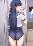  1girl ass blue_buruma blue_hair blush box brown_eyes buruma cardboard_box comb gym_shirt gym_uniform highres idolmaster indoors kisaragi_chihaya locker looking_back shirt short_sleeves tsurui white_shirt 