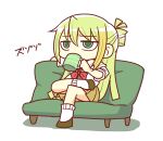  1girl alina_gray blonde_hair bow bowtie brown_footwear brown_skirt chibi couch cup drinking green_eyes green_hair hair_between_eyes holding holding_cup layered_sleeves long_hair long_sleeves magia_record:_mahou_shoujo_madoka_magica_gaiden mahou_shoujo_madoka_magica mug multicolored_hair on_couch red_bow red_bowtie saigokudou sakae_general_school_uniform school_uniform shirt short_over_long_sleeves short_sleeves side-tie_shirt sidelocks simple_background single_hair_ring sitting skirt sleeves_rolled_up socks solo white_background white_shirt white_socks 
