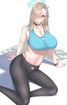  1girl absurdres asm_ln asuna_(blue_archive) black_choker blue_archive blue_eyes breasts choker cleavage hair_over_one_eye hair_ribbon halo highres large_breasts light_brown_hair long_hair looking_at_viewer mole mole_on_breast pants panty_straps ribbon sitting solo sports_bra yoga_pants 