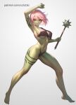  1girl arm_up armpits aztodio barefoot breasts colored_skin commentary crop_top english_commentary full_body goblin gradient_background green_skin grey_background holding holding_weapon large_breasts leg_tattoo legs looking_at_viewer navel original patreon_username pink_hair red_eyes short_hair solo standing tattoo thighs weapon 