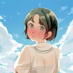  1girl after_school_lessons_for_unripe_apples blush bue_sky cloud day green_eyes highres hwang_mi-ae looking_at_viewer looking_back outdoors palettebaibailu short_hair solo upper_body wet wet_hair 