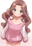  1girl absurdres blush breasts brown_hair cleavage green_eyes highres idolmaster idolmaster_cinderella_girls jewelry kahiika kusakabe_wakaba long_hair looking_at_viewer necklace pink_shirt shirt sleeves_past_fingers sleeves_past_wrists solo standing star_(symbol) star_necklace wavy_hair 