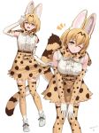  1girl :d ;) animal_ear_fluff animal_ears arm_up bangs bare_shoulders blonde_hair boots bow bowtie breasts center_frills commentary dated deku_suke elbow_gloves extra_ears feet_out_of_frame frills full_body gloves hair_between_eyes hands_on_own_knees highres kemono_friends leaning_forward light_blush looking_at_viewer medium_breasts multiple_views one_eye_closed open_mouth print_bow print_bowtie print_gloves print_legwear print_skirt print_thighhighs serval_(kemono_friends) serval_print shirt short_hair simple_background skirt skirt_hold sleeveless sleeveless_shirt smile tail thighhighs white_background white_footwear white_shirt yellow_eyes zettai_ryouiki 