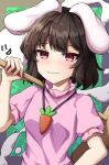  1girl :3 :d animal_ears bangs black_hair carrot_necklace closed_mouth commentary_request floppy_ears highres inaba_tewi jewelry kine looking_at_viewer mallet mochi_(touhou) necklace rabbit_ears red_eyes short_hair short_sleeves sketch smile solo touhou upper_body yosshy 