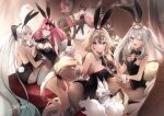  5girls animal_ears bangs bare_shoulders black_bow black_headwear black_leotard blonde_hair blue_eyes blush bow bowtie braid braided_ponytail breasts brown_pantyhose button_eyes buttons cleavage closed_eyes detached_collar fairy_knight_tristan_(fate) fake_animal_ears fate/apocrypha fate/grand_order fate_(series) fou_(fate) french_braid grey_eyes grey_hair habetrot_(fate) hair_bow hat headpiece highleg highleg_leotard highres jeanne_d&#039;arc_(fate) jeanne_d&#039;arc_(ruler)_(fate) large_breasts leotard long_hair looking_at_viewer marie_antoinette_(fate) medium_breasts morgan_le_fay_(fate) multiple_girls no-kan one_eye_closed open_mouth pantyhose pink_hair playboy_bunny pointy_ears ponytail rabbit_ears rabbit_tail sidelocks small_breasts smile tail thighs tiara twintails very_long_hair white_hair wrist_cuffs 