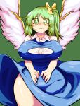  1girl absurdres bangs blue_dress blush bow breasts button_gap closed_mouth collared_shirt commentary_request covered_nipples cowboy_shot daiyousei dress fairy_wings green_background green_eyes green_hair hair_bow highres kurodani_yamame large_breasts long_hair looking_at_viewer nose_blush one_side_up pinafore_dress rinyamame shiny_skin shirt simple_background solo sweat touhou white_shirt wings yellow_bow 