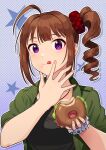  1girl :q ahoge bagel black_shirt brown_hair collarbone drill_hair food food_on_face green_jacket hair_ornament hair_scrunchie highres idolmaster idolmaster_million_live! jacket kamille_(vcx68) licking_lips open_clothes open_jacket print_scrunchie purple_eyes scrunchie shirt short_sleeves side_drill side_ponytail solo tongue tongue_out upper_body wrist_scrunchie yokoyama_nao 
