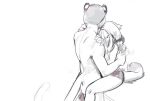  anthro between_legs clothed clothing duo embrace faceless_anthro faceless_character faceless_female faceless_male female hug male monochrome nude panties simple_background sitting sketch standing topless underwear unknowhiter 