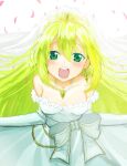  1girl alina_gray alternate_costume bare_shoulders blonde_hair blush bow breasts bridal_veil chain cleavage dress falling_petals gem gloves green_eyes green_gemstone green_hair hair_between_eyes highres jewelry long_hair looking_at_viewer magia_record:_mahou_shoujo_madoka_magica_gaiden mahou_shoujo_madoka_magica multicolored_hair necklace open_mouth petals poa sidelocks simple_background smile solo streaked_hair taketatsu_ayana tiara veil voice_actor_connection waist_bow wedding_dress white_background white_bow white_dress white_gloves 