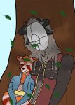  ailurid anthro bean_(lust_shard) blue_clothing blue_jacket blue_topwear bucket clothing container falling_leaves hi_res horn horned_humanoid humanoid hybrid jacket jerry_(lust_shard) male male/male mammal mask mindoffur red_panda rionthebluetomato scar simple_background sleeping sleeping_together spoon_in_mouth topwear 