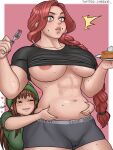  2girls abs absurdres anya&#039;s_heh_face_(meme) belly_grab boyshort_panties braid breasts brown_hair cheekie clothes_lift commentary eating english_commentary eyes_visible_through_hair food food_in_mouth food_on_face fork green_eyes heart highres large_breasts long_hair meme multiple_girls muscular muscular_female navel nipple_slip nipples original pie plate red_hair shirt_lift single_braid size_difference smile sugoi_dekai sweatdrop twitter_username underboob yellow_eyes 