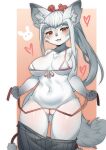  &lt;3 2022 absurd_res anthro bottomwear breasts canid clothing cute_fangs female genitals grey_hair hair hakuro_(onmyoji) hi_res looking_at_viewer mammal navel open_mouth ponytail pussy pussy_floss red_eyes simple_background skirt smile solo user_cpsf8285 