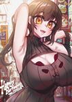  1girl alice_(hews) armpits arms_up bare_shoulders birthday borrowed_character breasts brown_hair city_lights cityscape cleavage happy_birthday highres long_hair looking_at_viewer neon_lights original osiimi ribbed_sweater skyline sleeveless sleeveless_sweater solo sweater yellow_eyes 