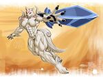  2023 abs agonwolfe amaterasu_(okami) anthro black_nose breasts canid canine canis capcom deity featureless_breasts featureless_crotch feet female fur looking_at_viewer mammal markings melee_weapon muscular nude okami_(capcom) solo sword weapon white_body white_fur wolf 