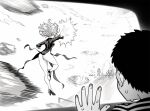  1girl 2boys ass bald blush car_interior child crater floating high_heels highres indoors jacket lw_goombang monochrome multiple_boys one-punch_man psychic saitama_(one-punch_man) shirt short_hair sweat tatsumaki window 