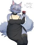  2023 5_fingers anthro baburusushi beverage black_claws black_clothing black_dress black_legwear black_nose black_stockings blue_body blue_fur blue_hair blush breasts canid canine canis claws clothing collar digital_media_(artwork) dress english_text female fingers fur hair hi_res holding_beverage holding_object holding_wine_glass legwear looking_at_viewer maku_(maku450) mammal simple_background smile solo stockings text white_background wide_hips wolf yellow_eyes 