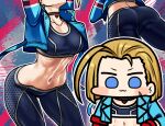  1girl :3 antenna_hair ass blonde_hair blue_jacket blue_pants blue_sports_bra blush_stickers cammy_stretch_(meme) cammy_white chibi cropped_jacket jacket jazz_jack looking_at_viewer meme midriff multicolored_background multiple_views navel pants short_hair sports_bra street_fighter street_fighter_6 tight tight_pants toned 