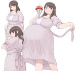  1girl :q arm_behind_back back_bow bangs big_belly blush bow breasts brown_hair character_request closed_mouth collarbone commentary_request copyright_request crepe dot_nose dress feet_out_of_frame food fruit head_tilt holding holding_food katou_(katohayabusa) large_breasts long_hair looking_at_viewer looking_back multiple_views open_mouth outstretched_arm purple_eyes short_sleeves sidelocks simple_background strawberry tareme tongue tongue_out white_background 