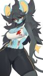  4:7 absurd_res anthro biped black_body blue_body breasts cigarette cleavage clothed clothing female generation_4_pokemon hi_res luxray nintendo pokemon pokemon_(species) pupils red_sclera simple_background slit_pupils smoking solo white_background yellow_eyes yuio 