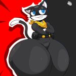  anthro atlus belt big_butt blue_eyes butt crossed_arms dipstick_tail domestic_cat felid feline felis gloves_(marking) hi_res huge_butt huge_thighs hyper hyper_butt hyper_hips hyper_thighs inner_ear_fluff male mammal markings megami_tensei megami_tensei_persona morgana_(persona) neckerchief omegabrawl smile solo tail tail_markings thick_thighs tuft 