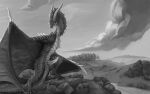  2022 dragon erection feral forest genitals hill horn lin_fluffydragon male membrane_(anatomy) membranous_wings monochrome nude outside penis plant pose presenting presenting_penis scalie sky solo tree winged_arms wings wyvern 