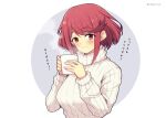  1girl bangs blush bob_cut circle cup highres holding holding_cup mochimochi_(xseynao) mug pyra_(xenoblade) red_eyes red_hair short_hair steam sweater swept_bangs teeth turtleneck turtleneck_sweater upper_body white_sweater xenoblade_chronicles_(series) xenoblade_chronicles_2 