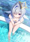  1girl amane_kanata angel_wings bangs bare_arms bare_legs bare_shoulders barefoot between_legs bikini blue_bikini blue_hair breasts cleavage closed_mouth commentary_request feathered_wings foot_out_of_frame frilled_bikini frills from_above gradient_eyes grey_hair hair_over_one_eye halo hand_between_legs highres hololive kishiro_(mameyamu_matu) multicolored_eyes multicolored_hair pink_eyes pool poolside pout purple_eyes short_hair sitting small_breasts soaking_feet solo star_halo streaked_hair swimsuit thighs toes v-shaped_eyebrows virtual_youtuber water white_wings wings 