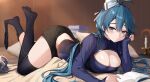  1girl absurdres bangs bed black_shorts black_socks blue_eyes blue_hair blue_shirt blush book breasts candle cleavage cleavage_cutout clothing_cutout cowlick full_body girls&#039;_frontline highres large_breasts long_hair long_sleeves looking_at_viewer lying m240l_(girls&#039;_frontline) mr.zhuo no_shoes shirt shorts socks solo thighhighs 