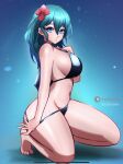  1girl bangs bikini black_bikini blue_background blue_eyes blue_hair breasts byleth_(female)_(fire_emblem) byleth_(female)_(summer)_(fire_emblem) byleth_(fire_emblem) commentary english_commentary fire_emblem fire_emblem:_three_houses fire_emblem_heroes flower hair_between_eyes hair_flower hair_ornament hibiscus highres jaxdrawz large_breasts lips long_hair looking_at_viewer navel official_alternate_costume one_knee parted_lips patreon_logo patreon_username red_flower solo stomach swimsuit thighs undressing 