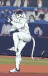  absurd_res anthro athletic athletic_male baseball_cap baseball_glove clothing drakonika123 felid footwear fur hat headgear headwear hi_res leo_(saitama_seibu_lions) lion male mammal mascot nippon_professional_baseball pantherine saitama_seibu_lions shoes sneakers solo thong underwear whiskers white_body white_fur 