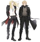  2boys belt black_coat black_footwear black_pants blonde_hair boots cigarette coat daybit_sem_void fate/grand_order fate_(series) full_body hand_in_pocket hands_in_pockets highres jacket jewelry juer1004 long_hair long_sleeves male_focus midriff multiple_boys navel necktie open_clothes open_coat open_jacket pants purple_eyes simple_background smile standing sunglasses tezcatlipoca_(fate) tinted_eyewear white_background 