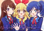  3girls :d aikatsu! aikatsu!_(series) blonde_hair blue_eyes blue_hair blue_jacket blush bow hair_bow hairband highres hoshimiya_ichigo jacket kiriya_aoi long_hair long_sleeves looking_at_viewer multiple_girls neck_ribbon open_mouth purple_eyes red_eyes red_ribbon ribbon school_uniform scrunchie shibuki_ran shinji_(udonteishoku) shirt side_ponytail smile starlight_academy_school_uniform white_shirt 