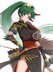  1girl absurdres arrow_(projectile) bow_(weapon) breasts commentary earrings feather_hair_ornament feathers fingerless_gloves fire_emblem fire_emblem:_the_blazing_blade fire_emblem_heroes gloves gonzarez green_eyes green_hair hair_ornament hand_on_hip highres huge_breasts jewelry looking_at_viewer lyn_(fire_emblem) official_alternate_costume ponytail quiver simple_background upper_body weapon white_background 