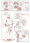  2019 anthro canid canine clothed clothing comic crimsonrabbit duo fox generation_8_pokemon growth_drive hi_res male mammal muscular muscular_male nintendo physical_exam pokemon pokemon_(species) scorbunny sirius size_difference speech_bubble topless towel 