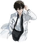  1boy artist_logo bangs belt black_belt black_jacket black_pants brown_hair coat cropped_legs dress_shirt hair_between_eyes hand_up highres hyouka jacket labcoat looking_to_the_side male_focus mery_(yangmalgage) open_clothes open_jacket oreki_houtarou pants parted_lips red_eyes shirt short_hair sideways_glance simple_background solo teeth white_background white_coat white_shirt 