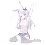  1girl ;o alternate_costume animal_ears arknights bangs black_bow black_skirt black_thighhighs blunt_bangs blush bow full_body grey_shirt hair_bow highres long_hair looking_at_viewer meng_xue_necky miniskirt one_eye_closed open_mouth oripathy_lesion_(arknights) purple_eyes purple_hair rabbit_ears rope_(arknights) shirt short_sleeves simple_background sitting skirt solo stretching thighhighs wariza white_background 