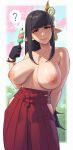  1girl absurdres bangs bare_arms black_hair blunt_bangs blush breasts dango food hair_ornament highres hinoa japanese_clothes large_breasts long_hair looking_at_viewer monster_hunter_(series) monster_hunter_rise nipples pointy_ears riz sidelocks smile solo topless wagashi yellow_eyes 