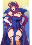  1girl absurdres bare_shoulders blue_choker blue_dress blush breasts choker cleavage commentary delicious_brain dress elbow_gloves feet_out_of_frame fire_emblem fire_emblem_engage fishnet_thighhighs fishnets gloves hands_on_hips highres ivy_(fire_emblem) large_breasts long_hair looking_at_viewer off-shoulder_dress off_shoulder open_mouth pelvic_curtain purple_eyes purple_hair short_sleeves solo standing thighhighs thighs very_long_hair white_gloves 