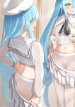  1girl absurdly_long_hair absurdres ascot ass ass_visible_through_thighs azur_lane beret black_ascot blue_eyes blue_hair chinese_commentary commentary_request dressing hat highres janus_(azur_lane) janus_(fear_of_changing...clothes)_(azur_lane) long_hair long_sleeves midriff mirror navel official_alternate_costume open_mouth pantyhose pleated_skirt qian_hen reflection sailor_collar shirt skirt solo standing stomach thigh_gap very_long_hair white_headwear white_pantyhose white_sailor_collar white_shirt white_skirt 