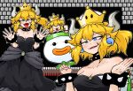  absurdres black_dress blonde_hair blue_eyes bonh_hmhm bowsette bracelet breasts cleavage collar collarbone constricted_pupils dress earrings fangs fangs_out half-closed_eyes highres horns jewelry looking_at_viewer mario_(series) open_mouth spiked_bracelet spiked_collar spikes strapless strapless_dress super_crown super_mario_bros._1 tongue tongue_out turtle_shell 